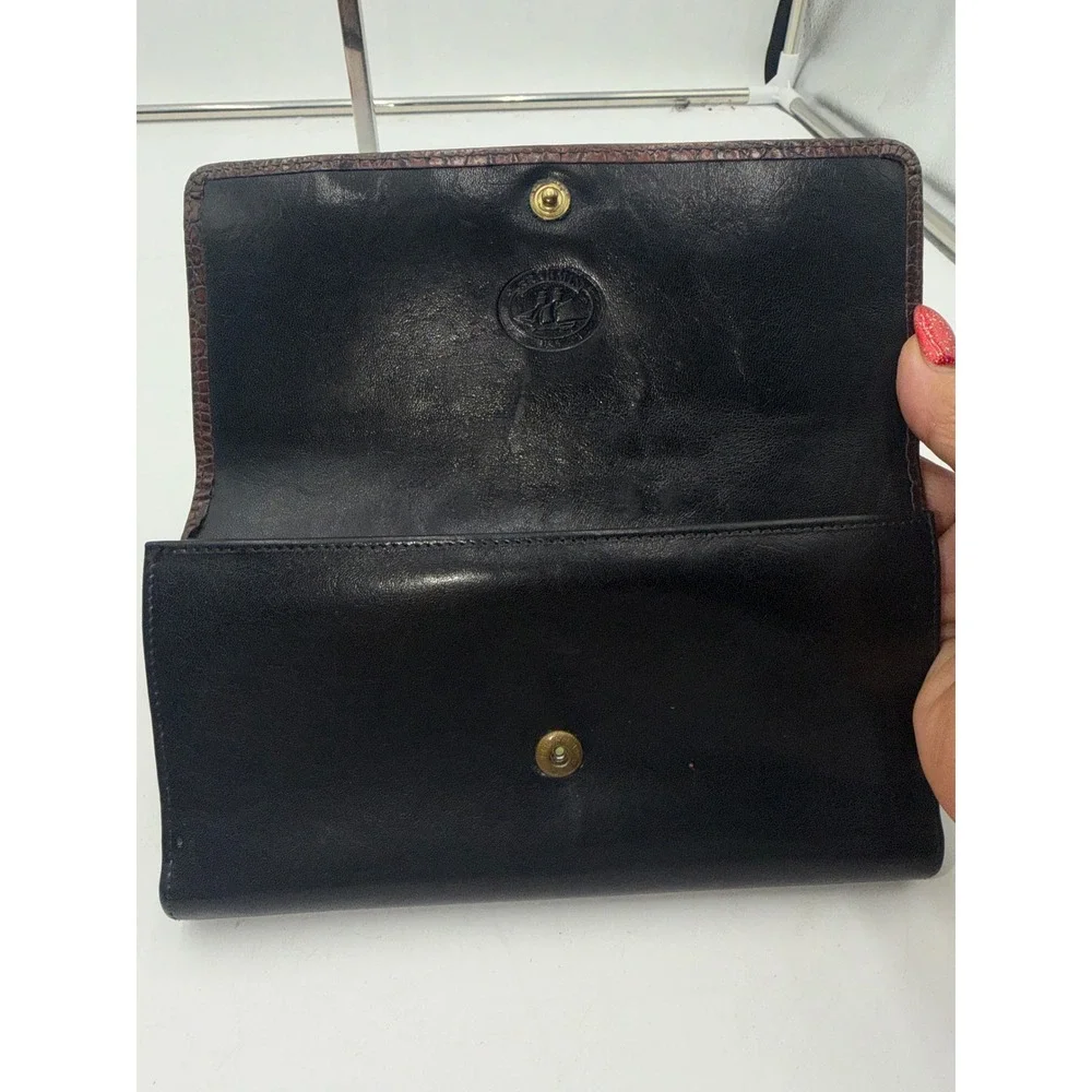 Brahmin Vintage Trifold Wallet Black Leather Brown Crocodile Embossed Snap